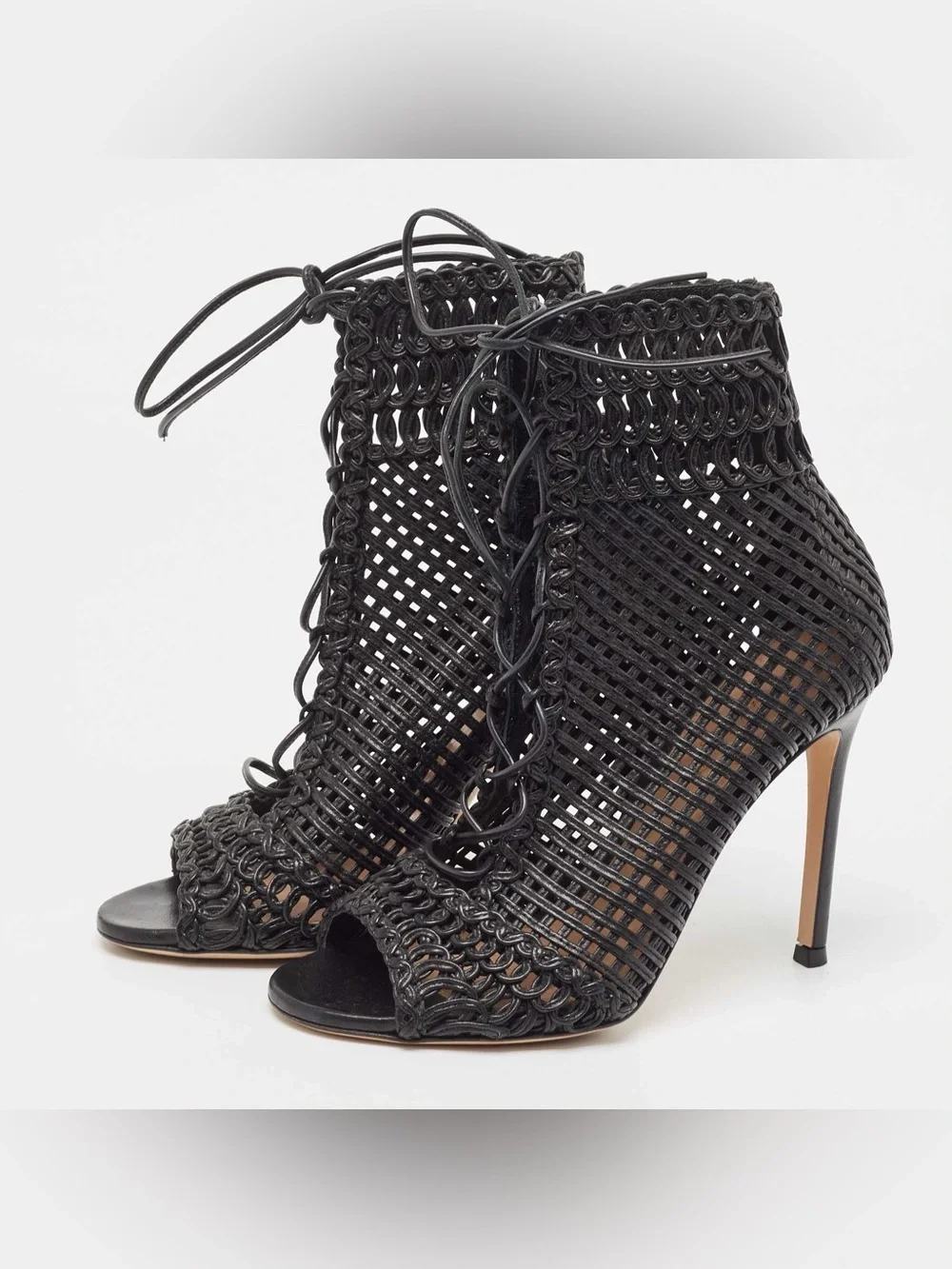Gianvito Rossi Leather Lace Up Peep Toe Ankle Boots 9 Black